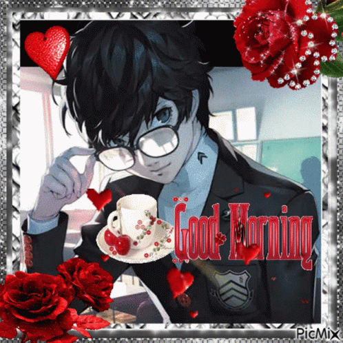 A Picture Of A Boy With Glasses And A Cup Of Coffee With The Words Good Morning On It GIF