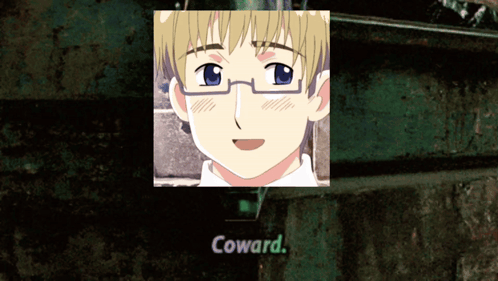 A Picture Of A Boy With Glasses And The Name Coward GIF