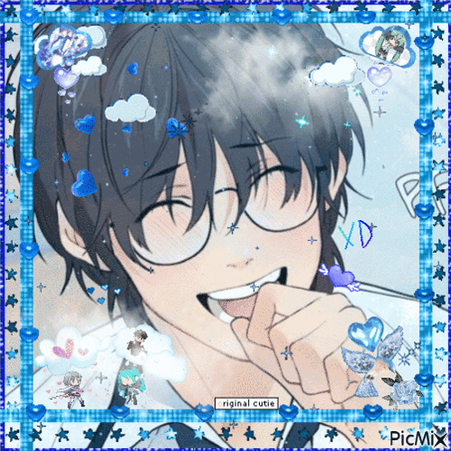 A Picture Of A Boy With Glasses Is Surrounded By Blue Hearts GIF