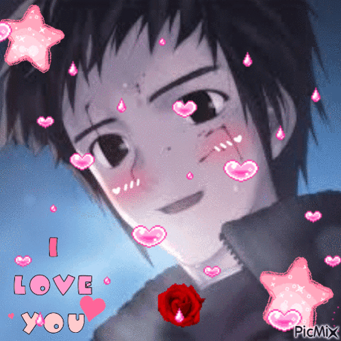 A Picture Of A Boy With Hearts And The Words I Love You Above Him GIF