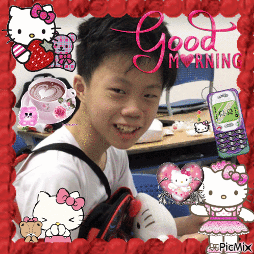A Picture Of A Boy With Hello Kitty On It And The Words Good Morning GIF