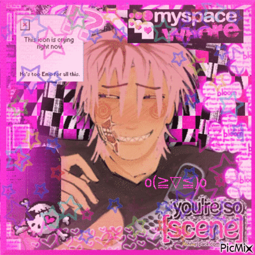 A Picture Of A Boy With Pink Hair And A Skeleton On His Face With The Words " You 'Re So Scene " On The Bottom GIF