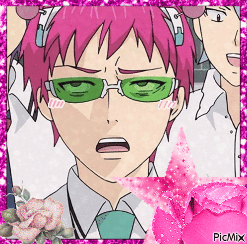 A Picture Of A Boy With Pink Hair And Green Glasses Is Surrounded By Pink Glitter And A Pink Rose GIF