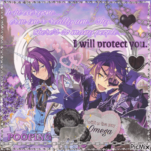 A Picture Of A Boy With Purple Hair And A Heart That Says Omega On It GIF