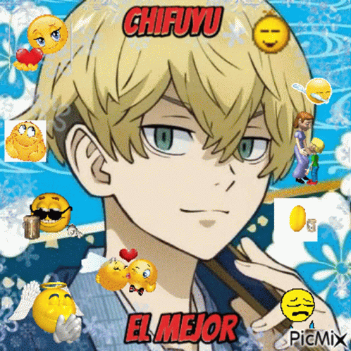 A Picture Of A Boy With Smiley Faces Around His Head And The Words Chifuyu El Mejor GIF