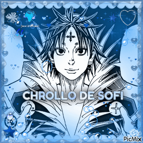 A Picture Of A Boy With The Name Chrollo De Sofi On The Bottom GIF