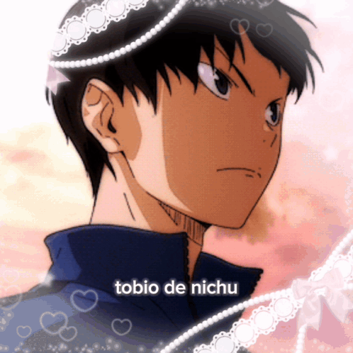 A Picture Of A Boy With The Name Tobio De Nichu Written On It GIF