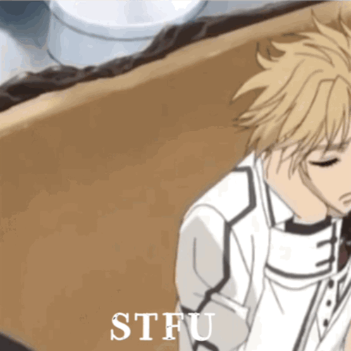 A Picture Of A Boy With The Word Stfu Written On It GIF