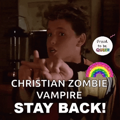 A Picture Of A Boy With The Words Christian Zombie Vampire Stay Back On It GIF