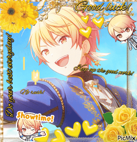 A Picture Of A Boy With The Words Good Luck And Showtime GIF