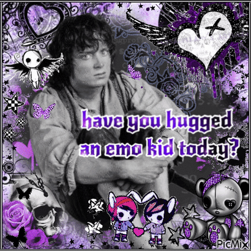 A Picture Of A Boy With The Words " Have You Hugged An Emo Kid Today " On It GIF
