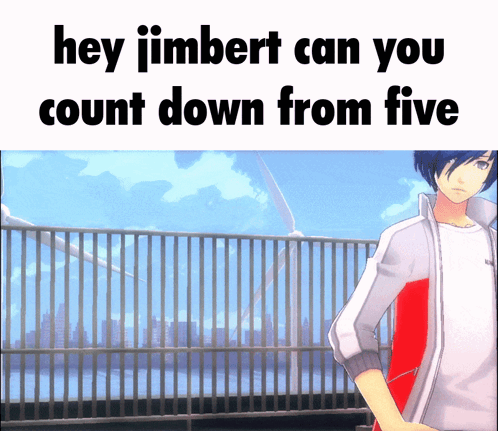 A Picture Of A Boy With The Words Hey Jimbert Can You Count Down From Five Above Him GIF