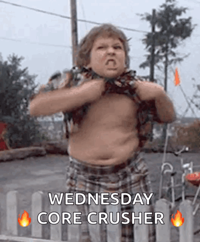 A Picture Of A Boy With The Words Wednesday Core Crusher Written On It GIF