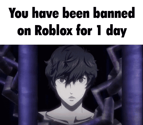 A Picture Of A Boy With The Words " You Have Been Banned On Roblox For 1 Day " Below It GIF