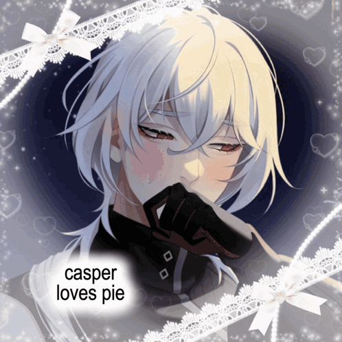 A Picture Of A Boy With White Hair And The Words Casper Loves Pie On The Bottom GIF