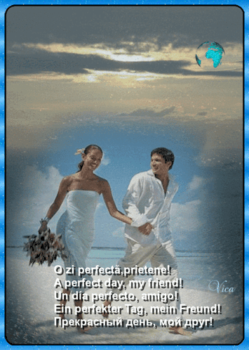 A Picture Of A Bride And Groom Holding Hands On A Beach With A Poem In Another Language GIF