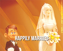 A Picture Of A Bride And Groom With The Words Happily Married Below Them GIF