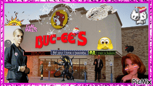 A Picture Of A Bug-Ee 'S Store With Aliens And A Woman In Front Of It GIF