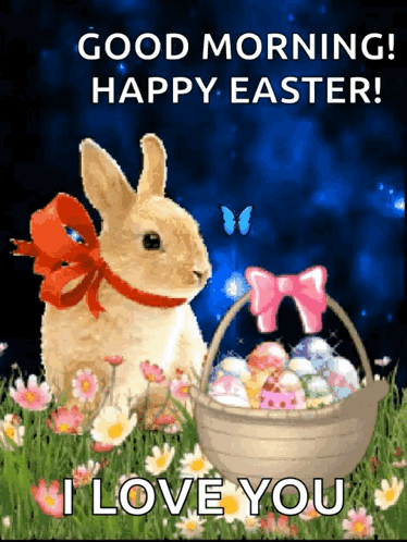 A Picture Of A Bunny And A Basket Of Easter Eggs GIF