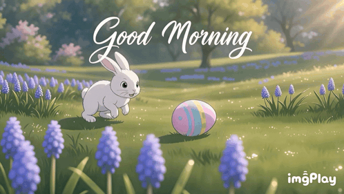 A Picture Of A Bunny And An Easter Egg With The Words " Good Morning " Below It GIF