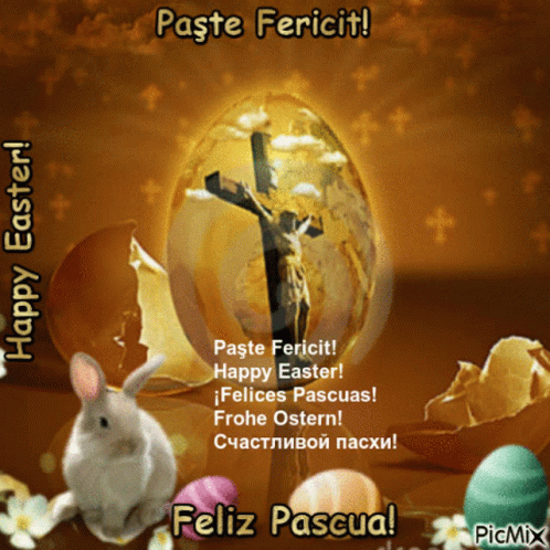 A Picture Of A Bunny And Easter Eggs With The Words Paste Fericit GIF