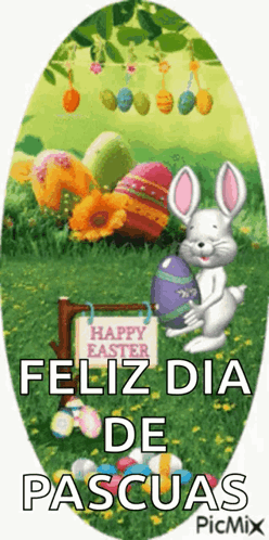A Picture Of A Bunny Holding An Easter Egg And A Sign That Says Happy Easter Feliz Dia De Pascuas GIF