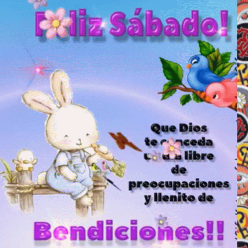 A Picture Of A Bunny Sitting On A Fence With The Words Bendiciones Written On It GIF