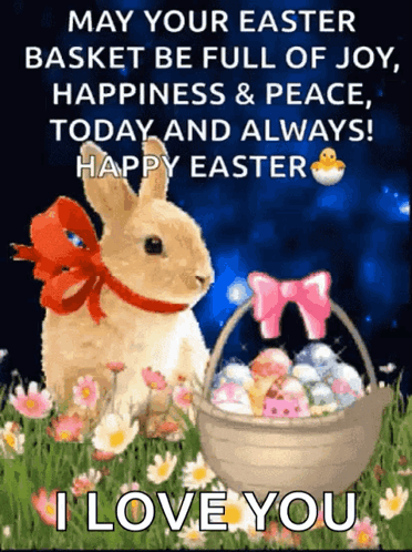A Picture Of A Bunny With A Basket Full Of Easter Eggs And The Words " May Your Easter Basket Be Full Of Joy " GIF