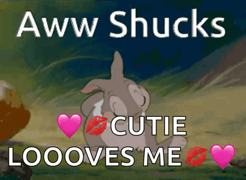 A Picture Of A Bunny With The Words " Aww Shucks Cutie Loooves Me " On It GIF