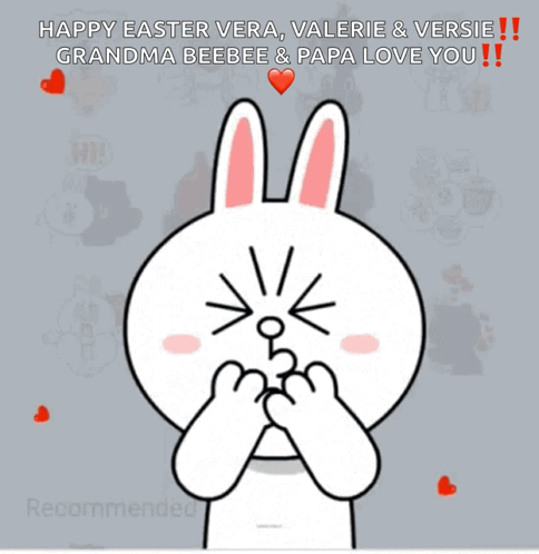 A Picture Of A Bunny With The Words Happy Easter Vera Valerie & Versie Grandma Beebee & Papa Love You On It GIF