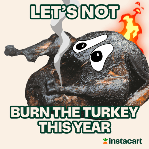 A Picture Of A Burnt Turkey With The Words " Let 'S Not Burn The Turkey This Year " GIF