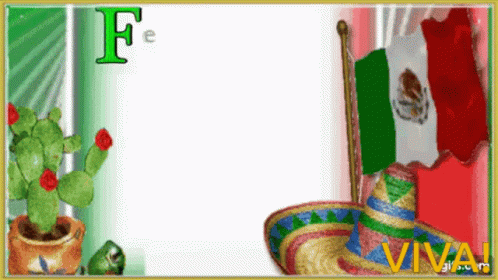 a picture of a cactus a sombrero and a mexican flag