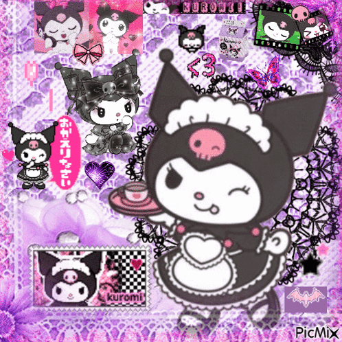 A Picture Of A Cartoon Character Called Kuromi Holding A Cup Of Coffee GIF