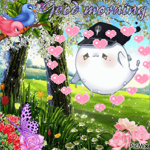 A Picture Of A Cartoon Character Saying Good Morning With Hearts And Butterflies GIF