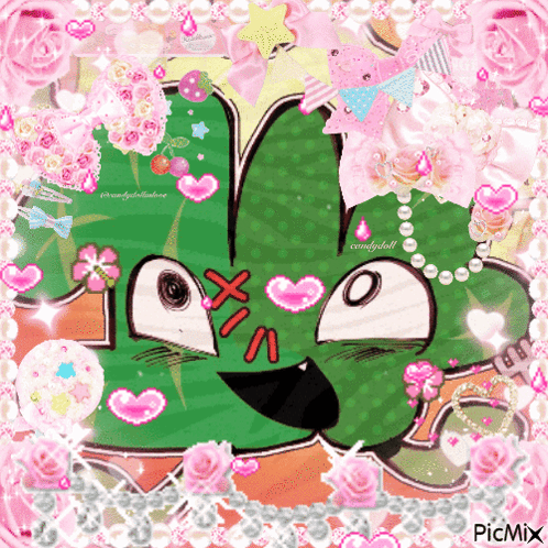 A Picture Of A Cartoon Character Surrounded By Pink Flowers And Pearls With The Hashtag Picmix At The Bottom GIF
