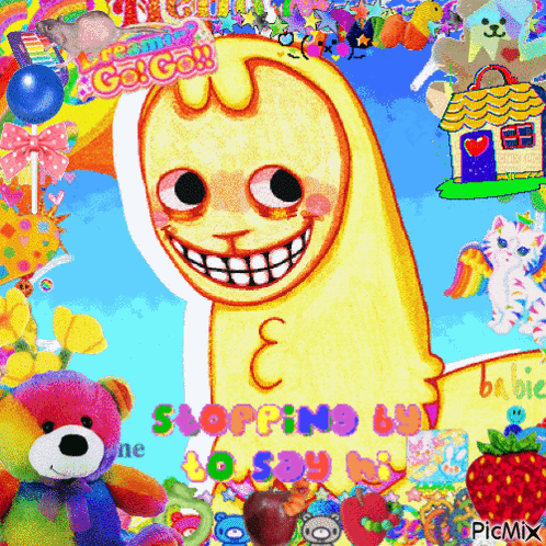A Picture Of A Cartoon Character With A Smiley Face And The Words Stop Being Ugly To Say Hi GIF