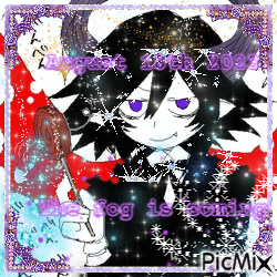 A Picture Of A Cartoon Character With Purple Eyes And The Words " Fog Is Coming " GIF