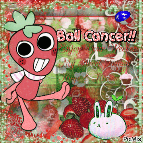 A Picture Of A Cartoon Character With Strawberries And The Words Ball Cancer GIF