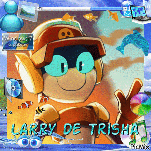 A Picture Of A Cartoon Character With The Name Larry De Trisha On It GIF