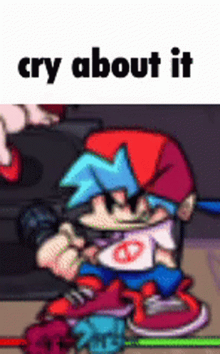 A Picture Of A Cartoon Character With The Words `` Cry About It '' Written On It . GIF