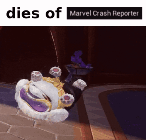 A Picture Of A Cartoon Character With The Words Dies Of Marvel Crash Reporter GIF