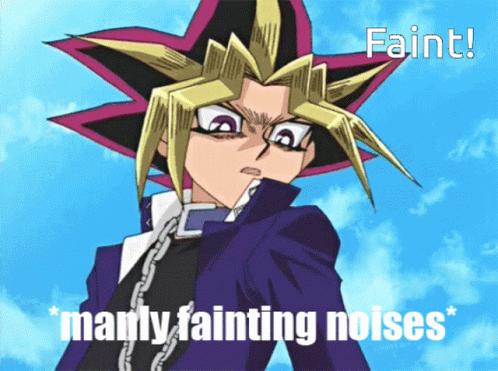 A Picture Of A Cartoon Character With The Words Faint Manly Fainting Noises On The Bottom GIF