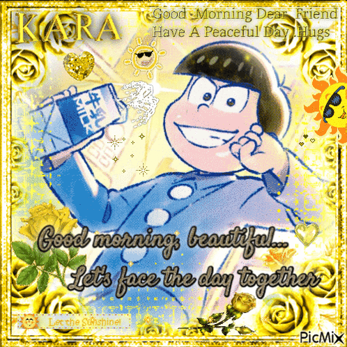 A Picture Of A Cartoon Character With The Words Good Morning Beautiful Let 'S Face The Day Together On The Bottom GIF