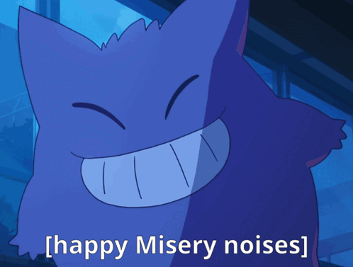 A Picture Of A Cartoon Character With The Words Happy Misery Noises GIF