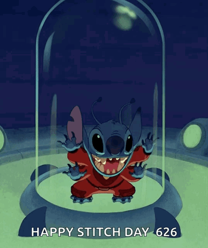 A Picture Of A Cartoon Character With The Words Happy Stitch Day 626 GIF