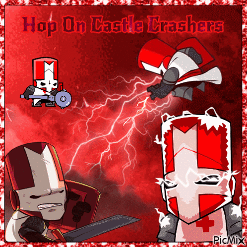 A Picture Of A Cartoon Character With The Words Hop On Castle Crashers On It GIF