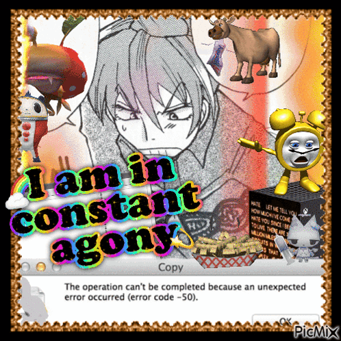A Picture Of A Cartoon Character With The Words " I Am In Constant Agony " GIF