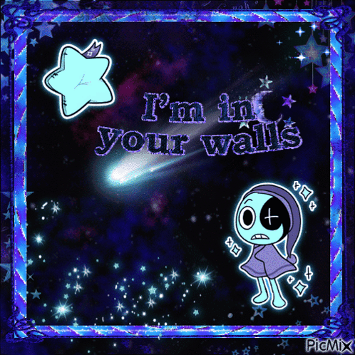 A Picture Of A Cartoon Character With The Words " I 'M In Your Walls " On It GIF
