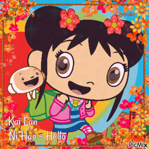 A Picture Of A Cartoon Character With The Words Kai Lan Ni Hao Hello GIF