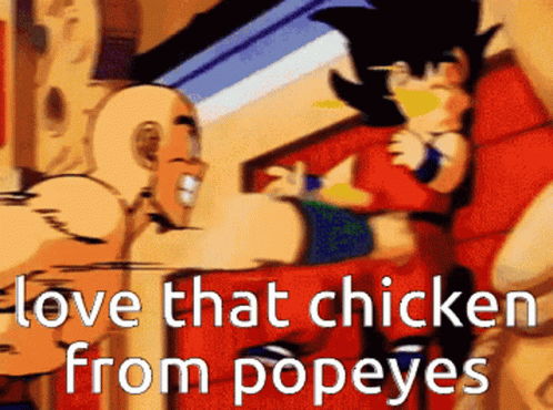 A Picture Of A Cartoon Character With The Words Love That Chicken From Popeyes GIF